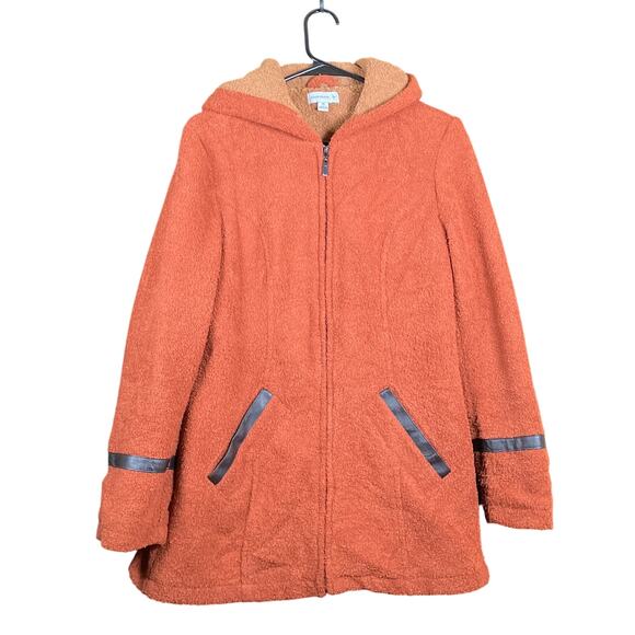 Susan Graver Womens Coat Orange Hooded Full Zip Faux Leather Trim Fleece XS - Picture 1 of 12